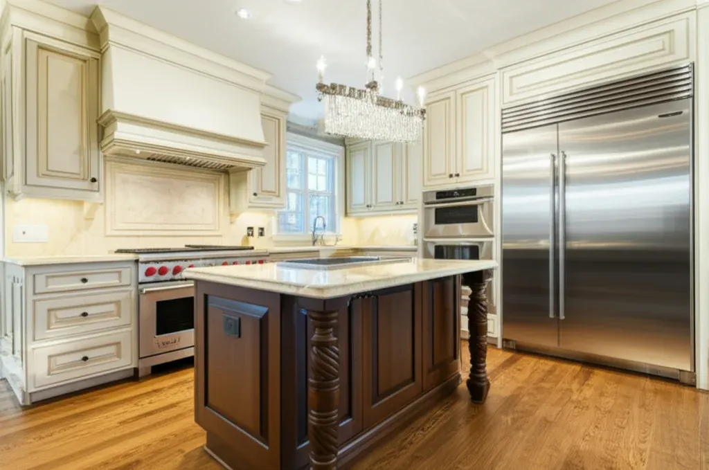 Cream painted traditional kitchen with a carved wood island, a tall stainless built-in refrigerator at the right and a range set under a plaster hood