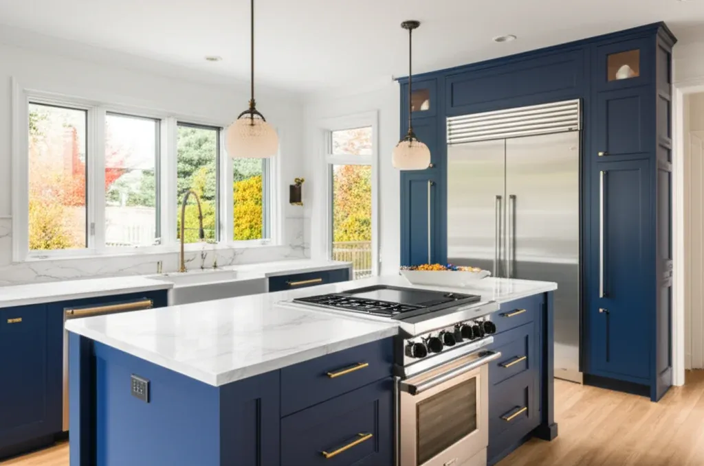 Kitchen with deep navy cabinets, a white marble island, a stainless range under a wall hood and a tall stainless refrigerator at the end of the run