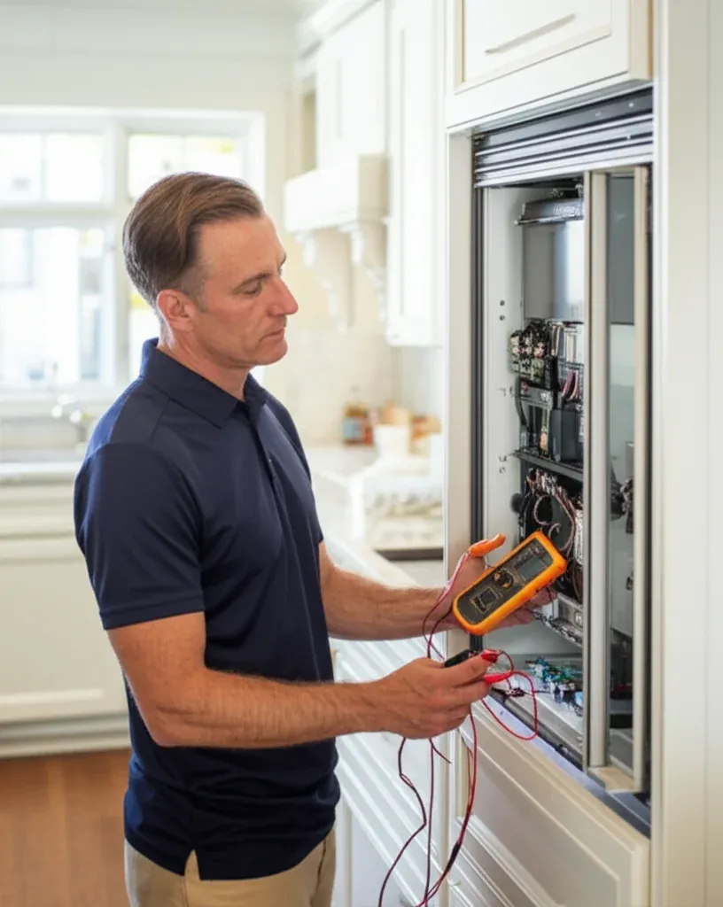 A person holding a multimeter at the opened upper control panel of a tall built-in refrigerator in a white kitchen