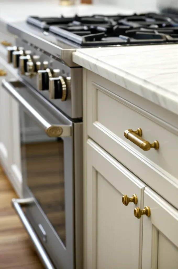 A stainless gas cooktop set into a white marble counter above a range front, in cream cabinets with brass pulls