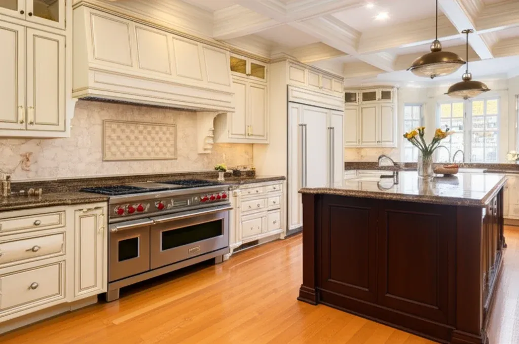 Cream traditional kitchen with a coffered ceiling, a dark granite island and a stainless range set under a hood