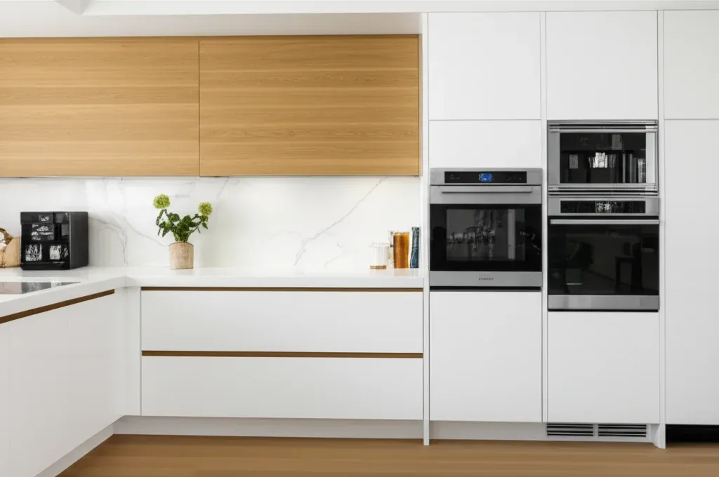White and pale wood kitchen with a tall run of built-in stainless ovens and a coffee unit set into the cabinetry