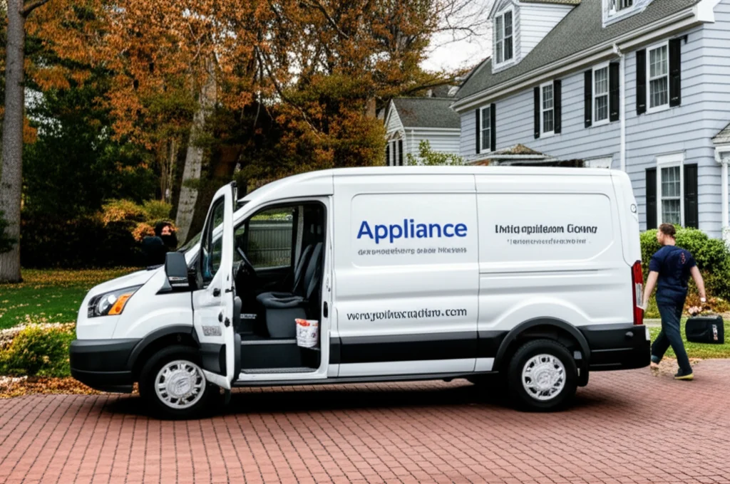 Appliance repair service van arriving at Newton MA home